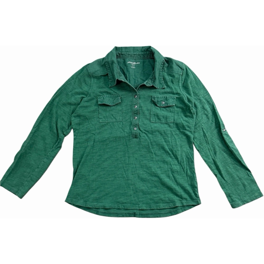 Eddie Bauer Green Cotton Slub Henley Popover Shirt With Roll Tabs Size L